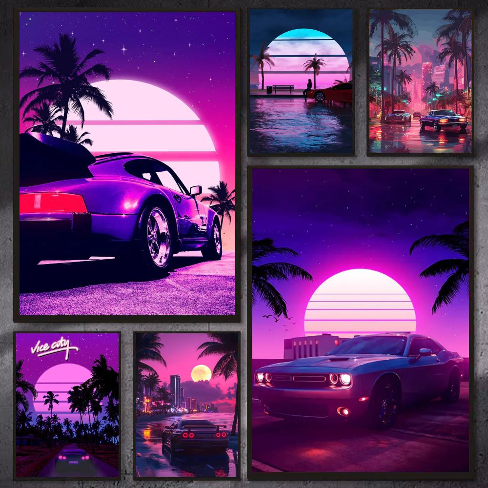 Retro Gaming Wallpaper - Affiche murale Cyberpunk rétro années 80,